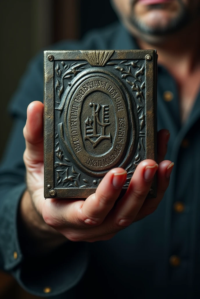 A mysterious metal box with carvings on the outside. An inscription in a strange language on the forehead. open lid. Held by a man&#39;s hand.  On Twitter a collection of typical panty bows, lingerie 