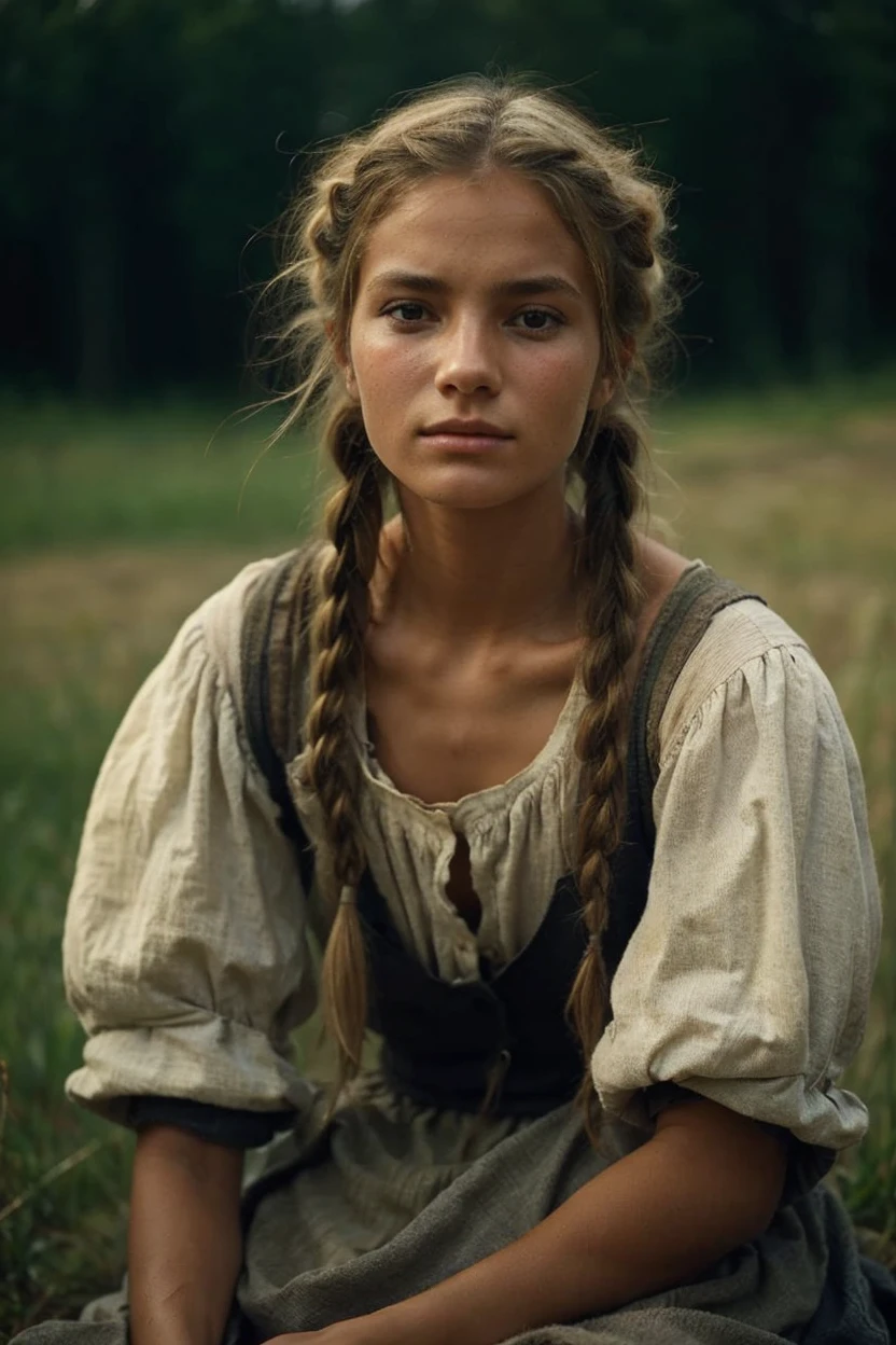 peasant serf girls dressed in peasant homespun canvas torn shirts , barefoot , sweaty hair , tanned, beautiful but unhappy, tired of corvee