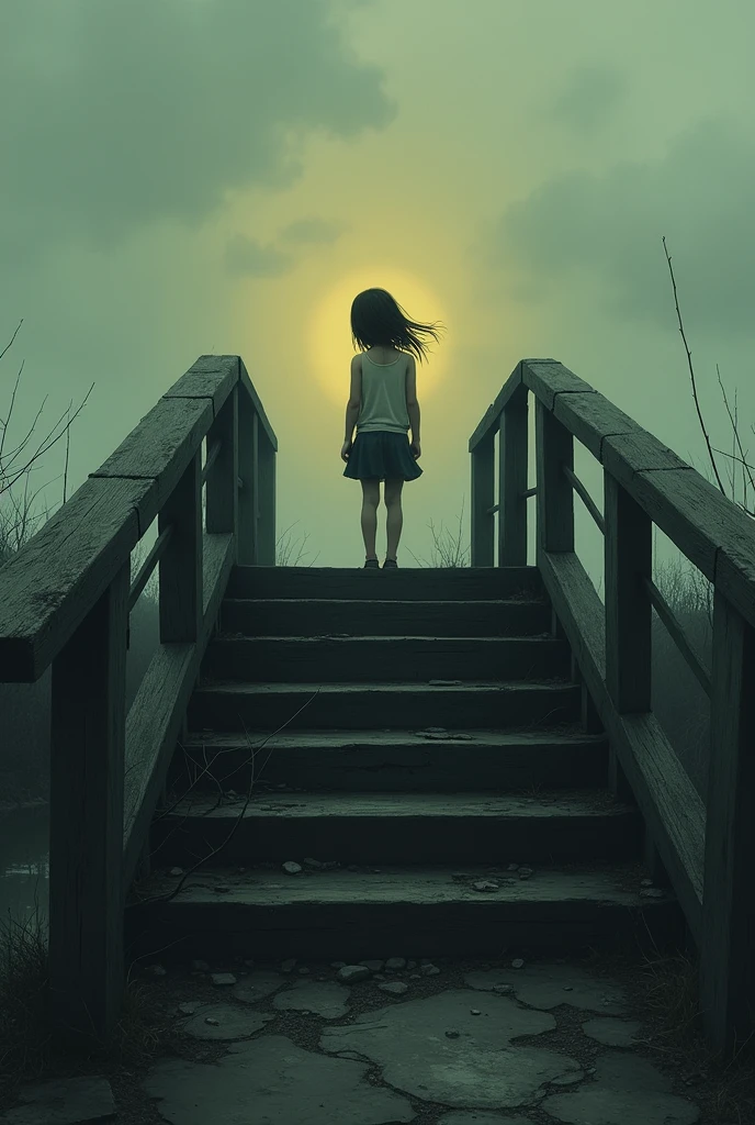 Imagine a scene where a girl is climbing the steps of a bridge under a cloudy and grey sky.. The atmosphere is melancholic, with an air of sadness that seems to permeate the entire environment. There is a soft yellow light that slightly illuminates the girl., creating a subtle contrast with the gloomy environment. The bridge looks a bit old and worn out, which reinforces the feeling of abandonment. Around it, The landscape is dull and foggy, accentuating the feeling of loneliness and reflection as the girl silently walks towards the top of the bridge.