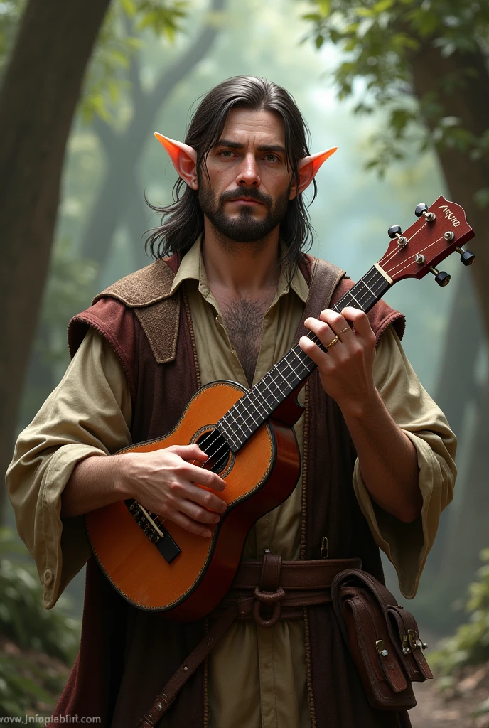 bard, half elf, masculine, com um ukulele, with a vertical line of hair on the chin inspired by the RPG game Dungeon & dragons
