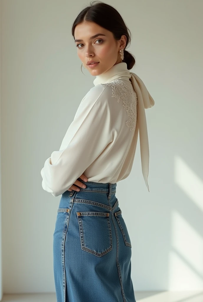 European woman model wearing elegant blouse with neck scarf and long skinny denim skirt