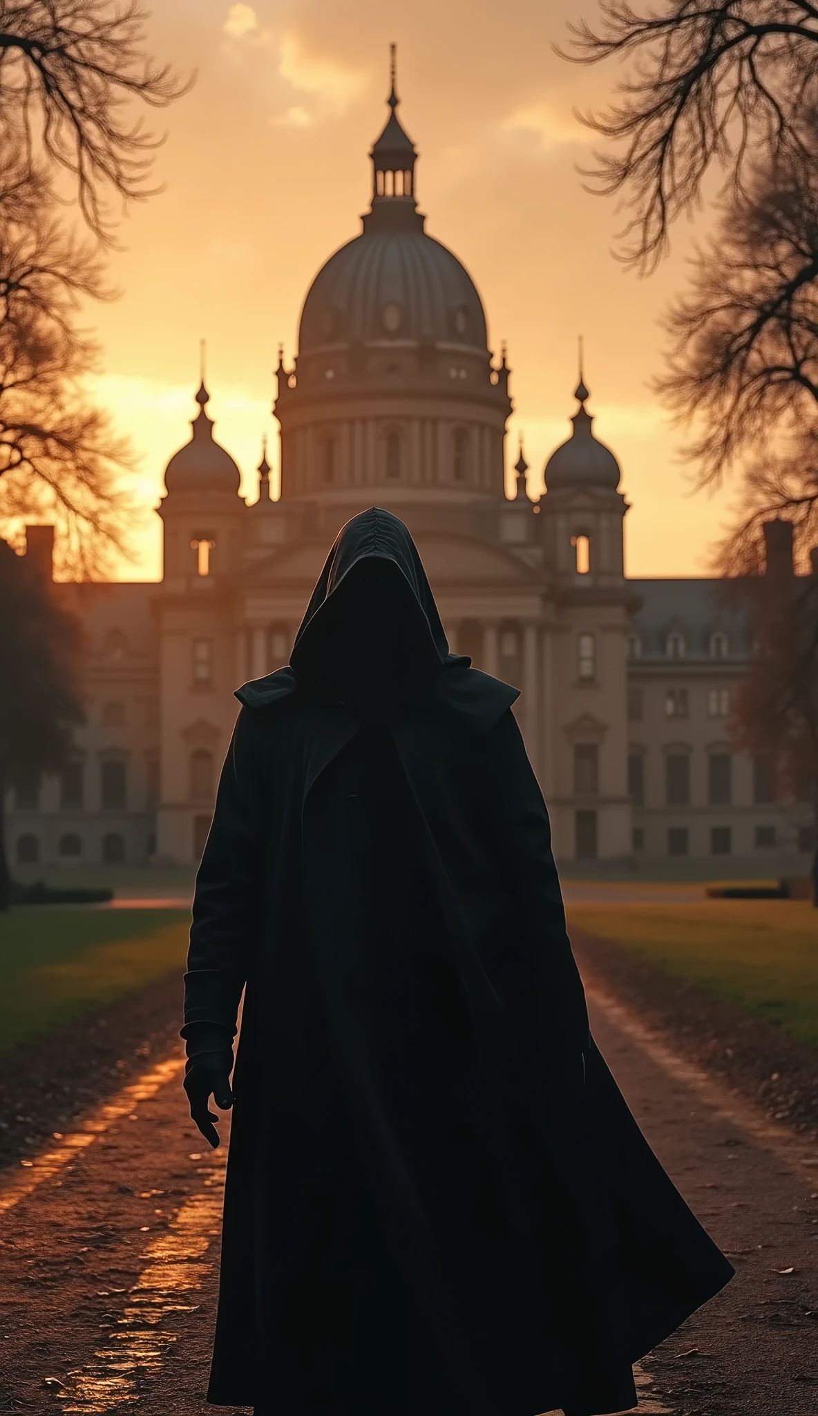 Close-up shot, Low angle shot, ( A dramatic shot of a grand European palace, symbolizing the monarchies that the Illuminati sought to overthrow. The palace is illuminated by the warm glow of the setting sun, but a shadowy figure in a cloak stands in the foreground, representing the secret society’s hidden influence. The figure’s face is obscured by a hood, and his hand is outstretched toward the palace, hinting at the society’s plans to dismantle royal power. The atmosphere is tense, with a sense of impending change.) unreal engine, cinematic, hyper-real, highly detailed, Ultra realistic HD --q 2 --v 6.1 --ar 9:16