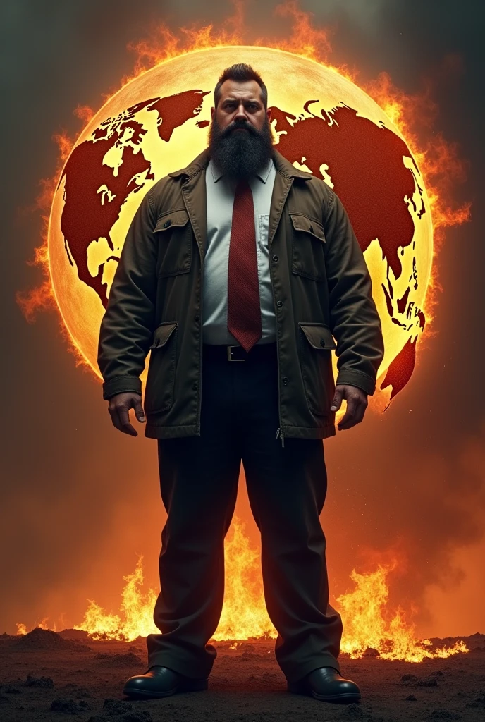 5 man , blackquality hair ,lumberjack style beard , has 1,71 meters , 105 kilos, jacket and tie, with a burning world map in the background 