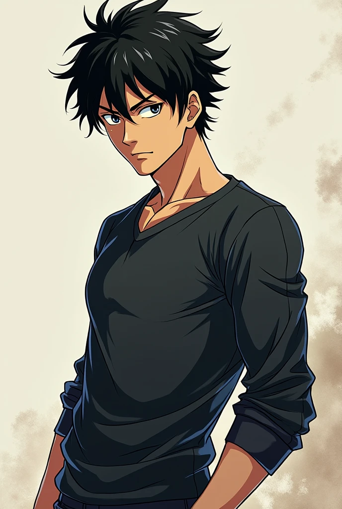 Young dark-haired man, with curly black hair, athletic body, dressed in sweatshirt, drawn with the art of jujutsu kaisen