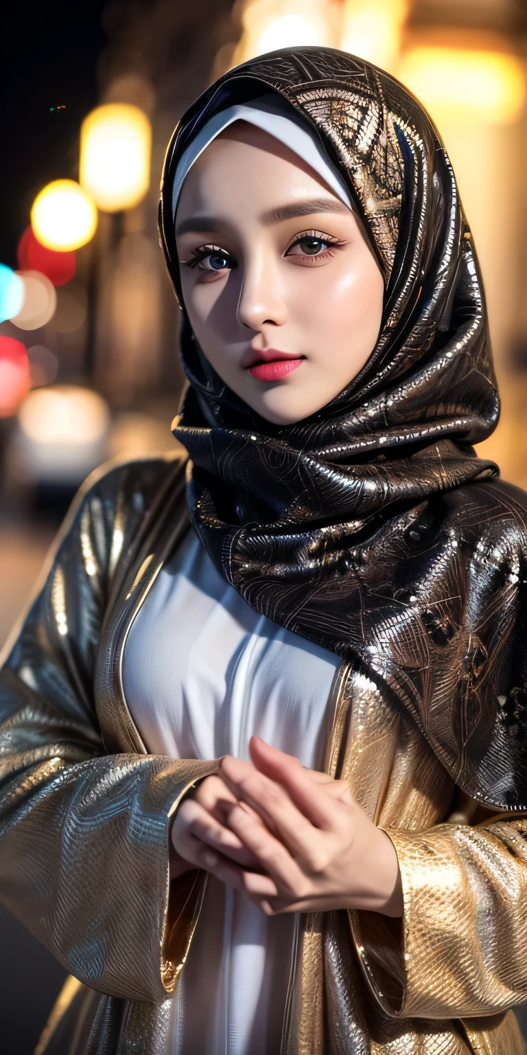 Russian girl face, russian cute girl, beautiful girl in hijab, 1 girl, perfect face, expressive eyes, makeup, eyeshadow, eyeliner, luxurious hijab, patterned hijab, hijab decoration, brooch, shiny lips, a faint smile,