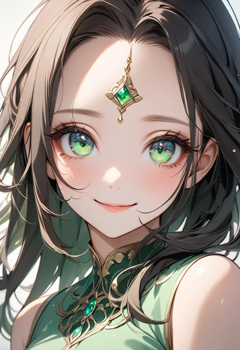 8K,high res,Skin details, Beautiful facial features, Exquisite makeup, Exquisite eyes, Eye detail,smile,forehead,dark hair,milky-green tops