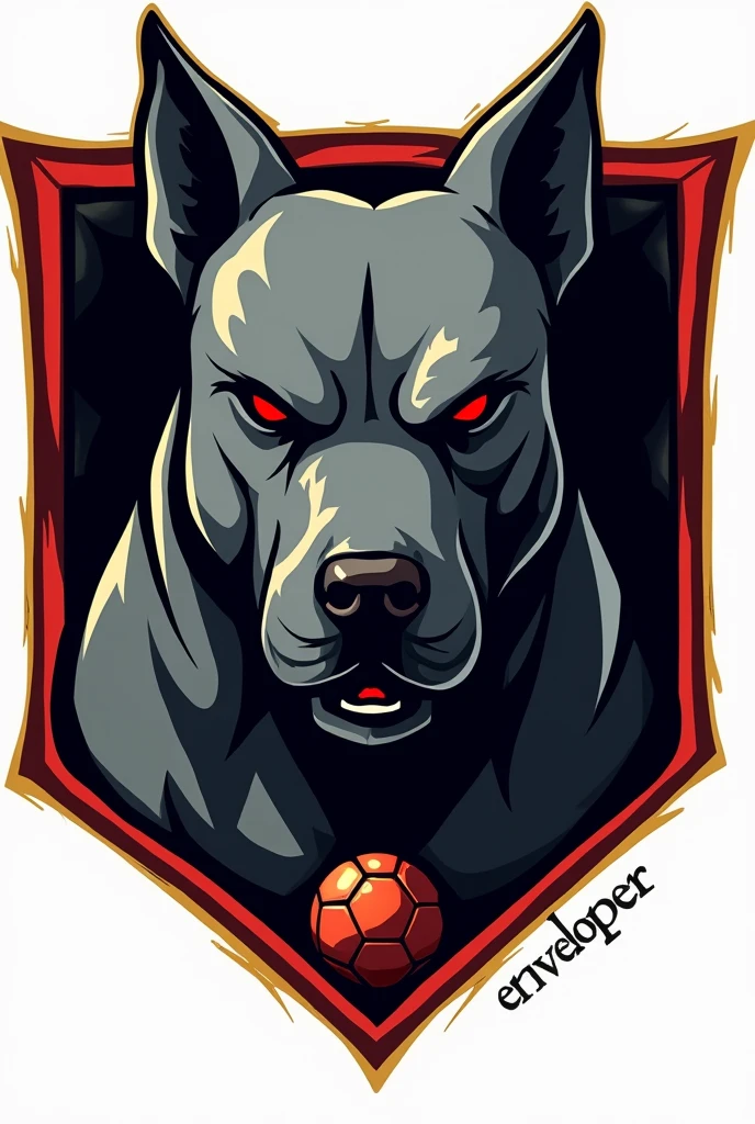 Create a gray pitbull logo's face for a football team. Make him a shield. Put a small font that says: SURROUNDINGS. Turn it into pgn