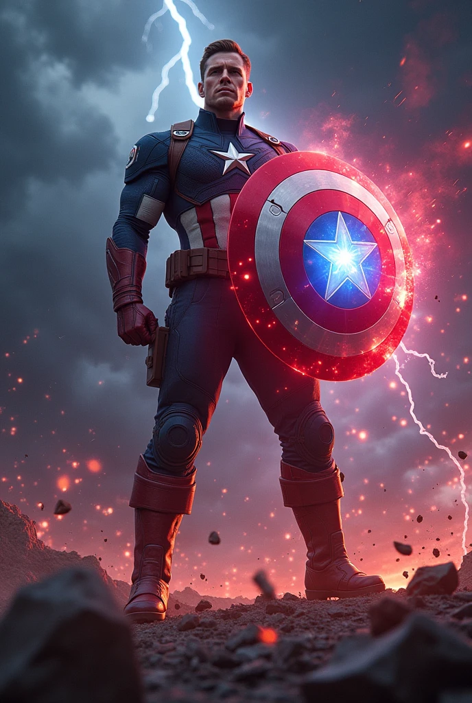 Depict Captain America in a powerful, dramatic scene where a fragment of the Reality Stone fuses with his iconic shield. The image should capture the moment of fusion with intense energy radiating from the point of contact between the stone and the shield. The Reality Stone, glowing with a vibrant and ominous red light, should be merging into the center of the shield, causing red and blue energy to swirl and intertwine around it.
Captain America stands at the center of the scene, his expression a mix of determination and awe as he grips the shield tightly. His stance is strong and grounded, as if bracing against the surge of power. The background features a stormy sky, dark clouds swirling with flashes of lightning, reflecting the turmoil of the transformation. The ground beneath him cracks and splinters, with debris being pushed outward by the force of the energy.
The shield itself should be illuminated with a glowing aura, and the red from the stone should contrast sharply with the