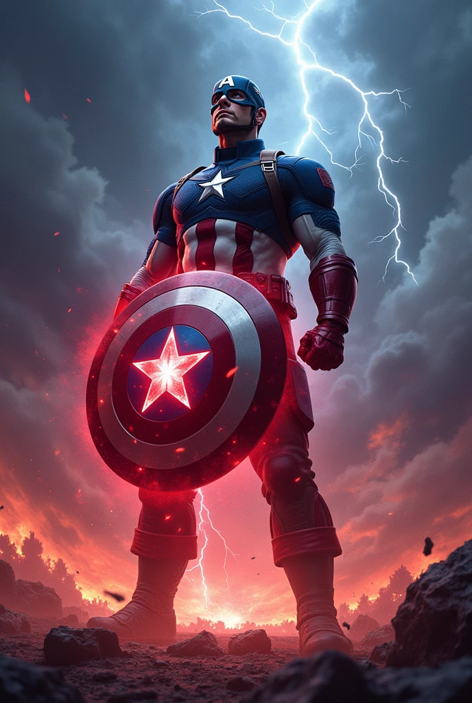 Depict Captain America in a powerful, dramatic scene where a fragment of the Reality Stone fuses with his iconic shield. The image should capture the moment of fusion with intense energy radiating from the point of contact between the stone and the shield. The Reality Stone, glowing with a vibrant and ominous red light, should be merging into the center of the shield, causing red and blue energy to swirl and intertwine around it.
Captain America stands at the center of the scene, his expression a mix of determination and awe as he grips the shield tightly. His stance is strong and grounded, as if bracing against the surge of power. The background features a stormy sky, dark clouds swirling with flashes of lightning, reflecting the turmoil of the transformation. The ground beneath him cracks and splinters, with debris being pushed outward by the force of the energy.
The shield itself should be illuminated with a glowing aura, and the red from the stone should contrast sharply with the