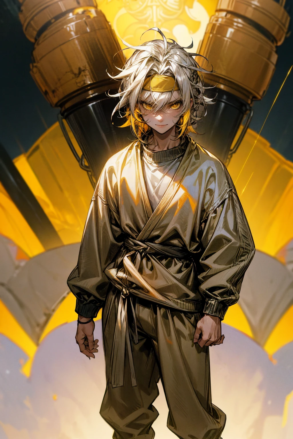 Masterpiece Quality, Perfect Generation, Sclera, Detailed Eyes, Skin, Extremely Spiky Hair, Muscular, Casual Sweats Clothing, Crazy Smile Expression, , Cool Futuristic Tower Background, Full Body, Tanned Skin, Two Toned Yellow And Silver Hair, Teen, , male, facing viewer, Standing , Multicolored hair, two colored hair, Headband Tilted To The Side, Yellow eyes, Multicolored yellow and silver hair, male, More yellow highlights
