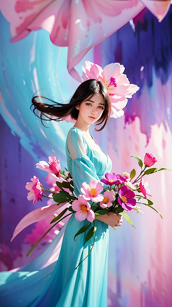 1girl,flower, Lisianthus ,in the style of light pink and light azure, dreamy and romantic compositions, pale pink, ethereal foliage, playful arrangements,fantasy, high contrast, ink strokes, explosions, over exposure, purple and red tone impression , abstract, ((watercolor painting by John Berkey and Jeremy Mann )) brush strokes, negative space,