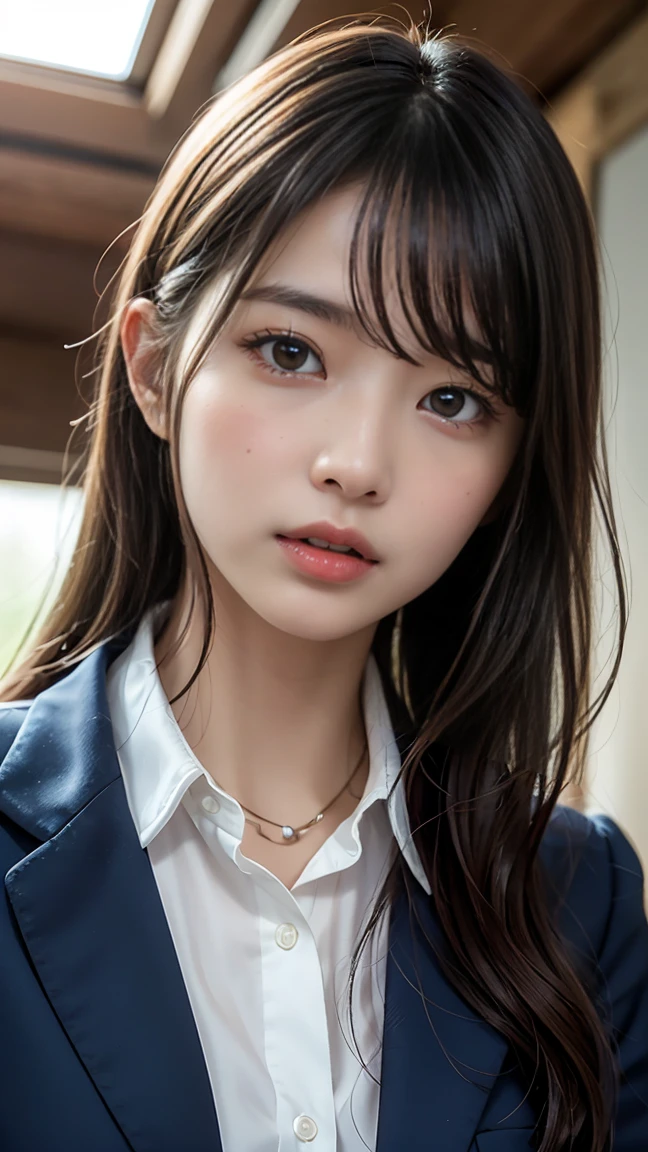 Tabletop, Highest quality, shape, Very detailed, In detail, High resolution, 8k wallpaper, Perfect dynamic composition, Beautiful details, Natural Lip, , RAW Photos,KPOP idol faces,cute,Face close-up,BREAK ceremony,、Official Art,Very detailed CG Unity 8k 壁紙, (masterpiece:1.0),(Highest quality:1.0), photo shoot, 8k, Browsing Caution, High resolution, Kodak Portrait 400, Film Grain, Lens flare brilliance,Very low camera angle, View your viewers,(school uniform:1.3,loafers),