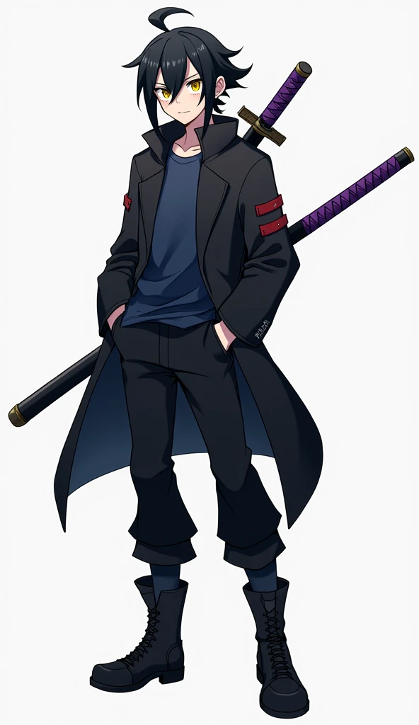 Create an anime style character, male gender with short and long, slightly spiky black hair with the fringe covering the face a little on the left side and with a giant ponytail, yellow  eyes, eyes large, Jaketa Black jacket with dark blue shirt, black gloves, black pants with men&#39;s black boots, with a purple sheathed katana on his back.
