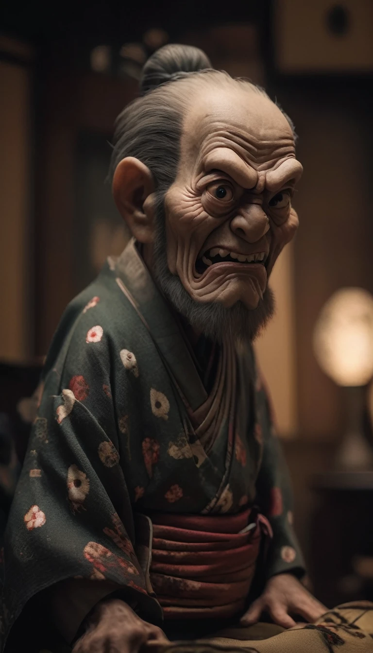 Inside the Japanese-style room、A thin old man wearing a kimono、Big headed monster、Shallow depth of field, Vignette, Very detailed, High budget, Bokeh, CinemaScope, Sulky, amazing, nice, Film Grain, granular . Creepy, Anxious, dark, Creepyな, Suspenseful, strict, Very detailed