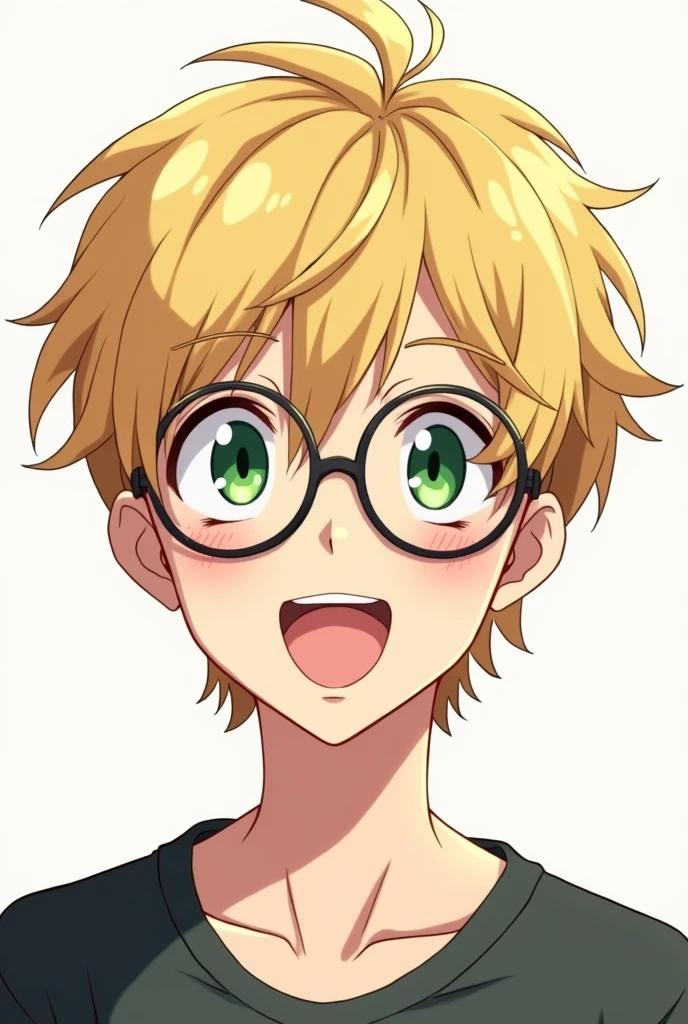 Man&#39;s blonde messy hair black round glasses green eyes anime smile