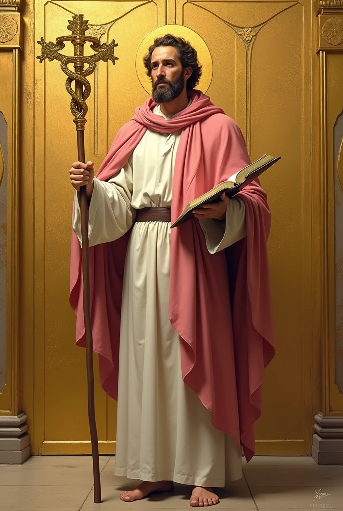 apostle saint matthew, patron of accounting, standing, with a white tunic and a pinkish red cloak, holding his gospel and his staff, and in the background a golden wall with a symbol "caduceus painted on the side"