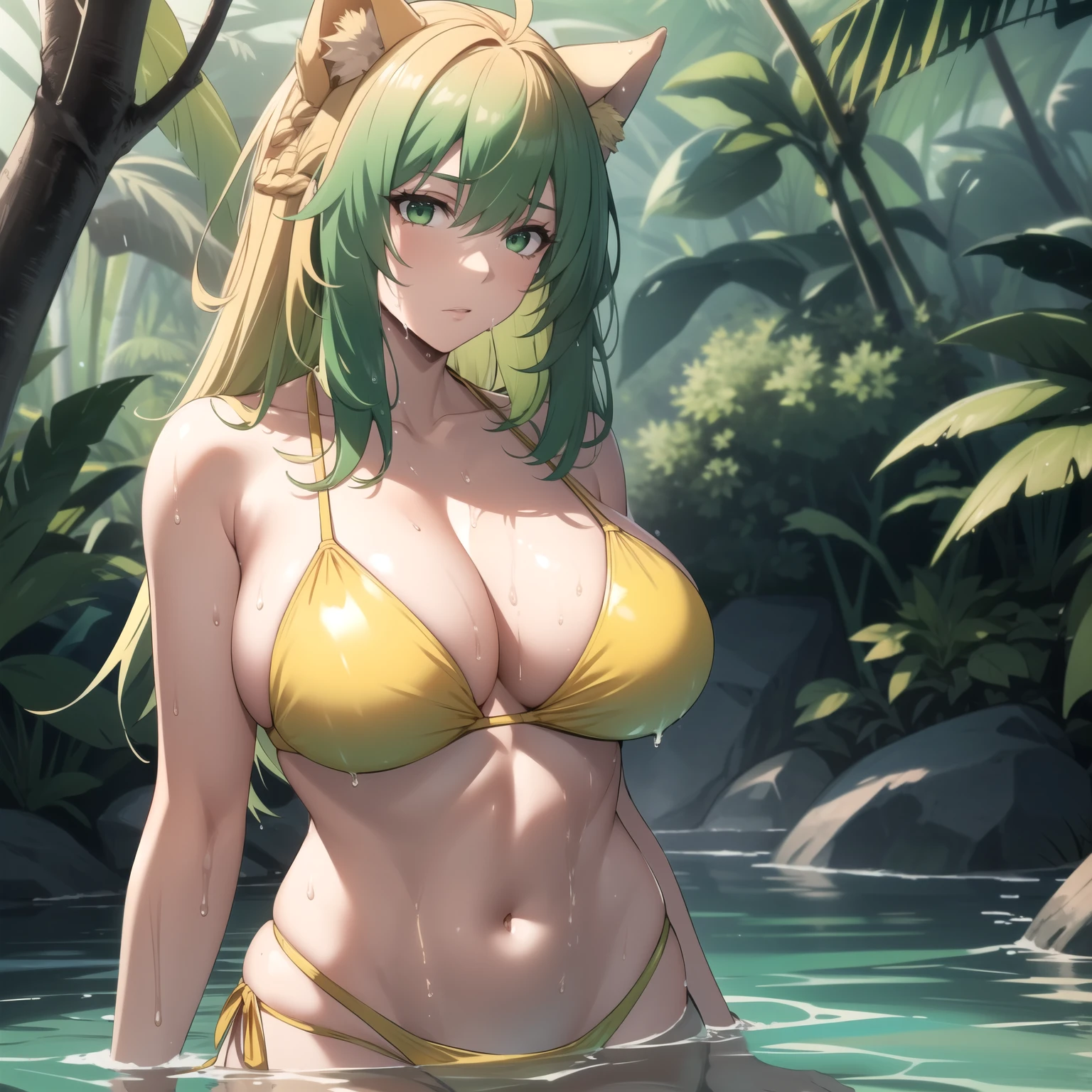 atalanta, women , blonde and green hair, green eyes like emeralds, challenging expression, big breasts, sexy yellow bikini, wet body, background a lake in the middle of the jungle.