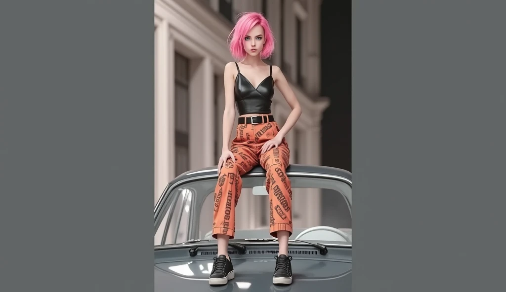 
a girl like cara delavigne with pink hair and blue eyes An oversized black tailored pants, fully printed with gray graffiti letters with diagonal words, black belt, black leather v-neck blouse, sleeveless, black sneakers. Sitting on the hood of a black car, on a street at night pose model