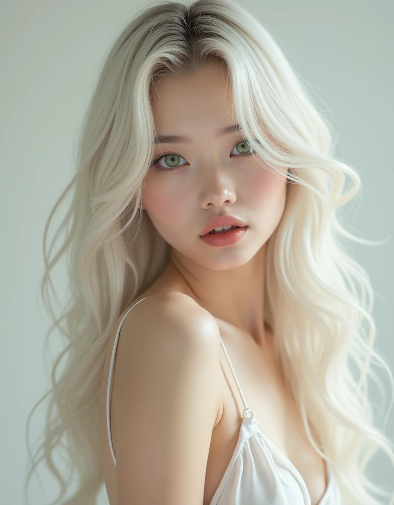 ((Full Nude)), Fully nude, Silky white skin, Japanese beauty, Cute sexy small beautiful face, Flowing bangs in front of her pretty face, Shiny platinum blonde hair, Beautiful sparkling pale green eyes, Sexy cute young woman with long shiny light hair and extra long hair, Prominent large double eyelids, Sexy pose