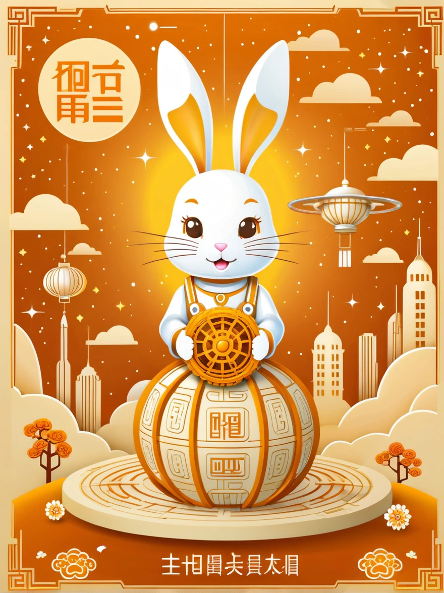 Create a poster with futuristic sci-fi mechanical concept for the Mid-Autumn Festival,By Mooncake、The cute mechanical white rabbit and the mechanical Chang'e in the Guanghan Palace are composed of three people.,Decorated with mechanical osmanthus trees and osmanthus flowers,dark blue tint,Shine under the stars,Ultra high saturation,Bright colors