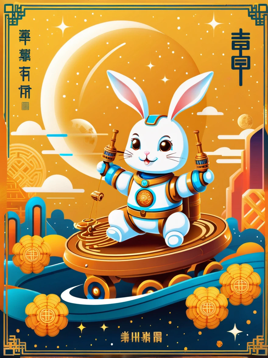 Create a poster with futuristic sci-fi mechanical concept for the Mid-Autumn Festival,By Mooncake、The cute mechanical white rabbit and the mechanical Chang'e in the Guanghan Palace are composed of three people.,Decorated with mechanical osmanthus trees and osmanthus flowers,dark blue tint,Shine under the stars,Ultra high saturation,Bright colors