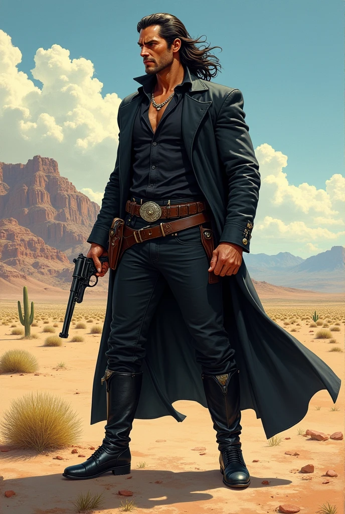 Full-body muscular man, gunslinger from the American Old West, he is in profile, with an attractive face, no beard, long hair, dressed all in black, shirtless, with a long coat, black boots. He is in a fighting stance, standing in the Arizona desert. Frazetta art style.