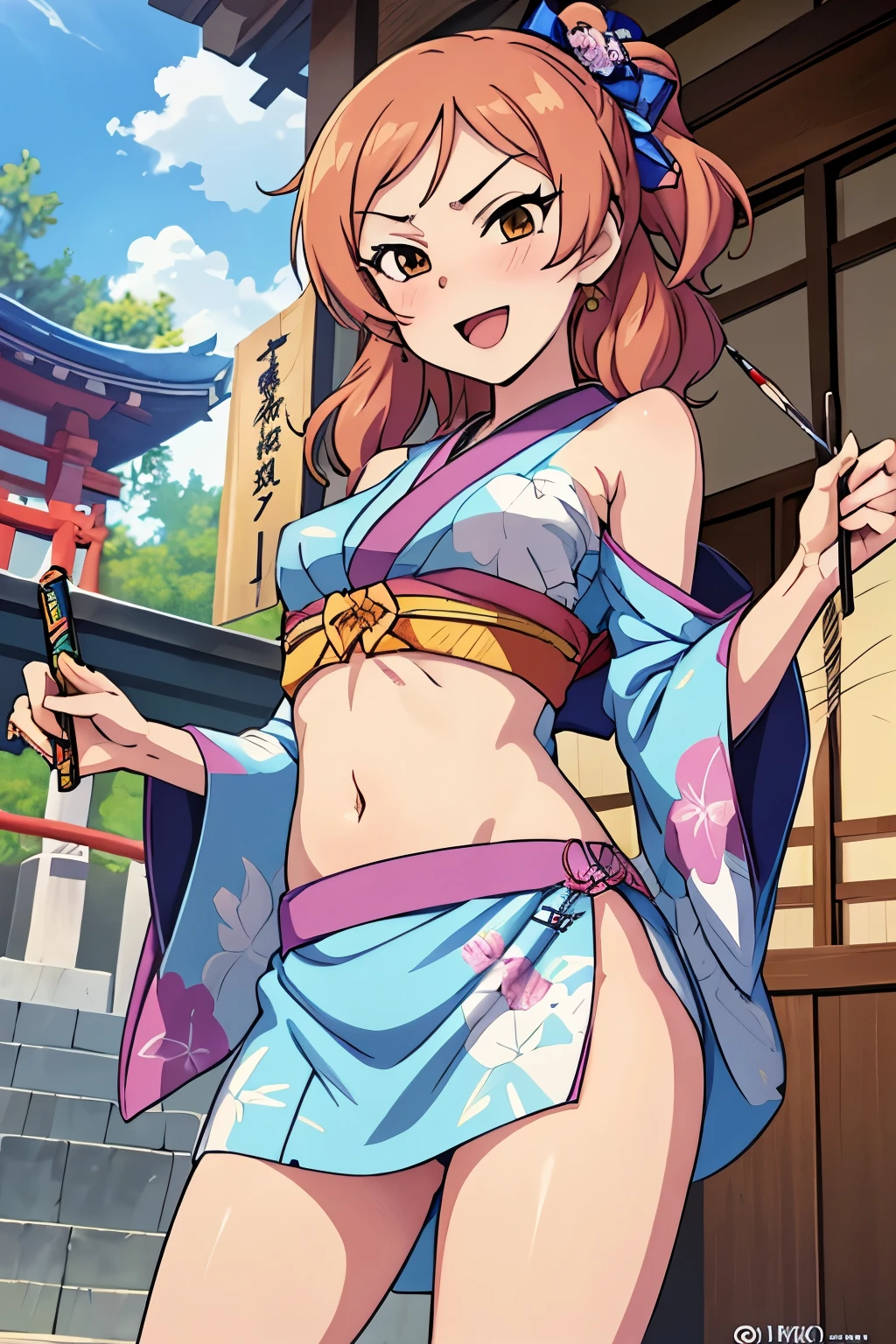 1girl, komatsu ibuki, :d, blush, lipstick, long hair, Hot girl, baddie, staring, glaring, bad attitude, mean girl, crazy, smoking, masterpiece, best quality, highly detailed, a anime girl in kimono dress ,holding sword, bare
shoulder,open kimono, evil smile, open mouth, crop top , (nsfw) not safe for work, smile, ecchi anime
style, anime girls, ecchi style, ecchi, digital anime art!!, in anime style, official artwork, visual novel cg,
beautiful anime girl, anime style 4 k, kimono pencil skirt, exposed belly, exposed navel,
exposed midriff, exposed lower belly, outdoor, japanese architecture, temple