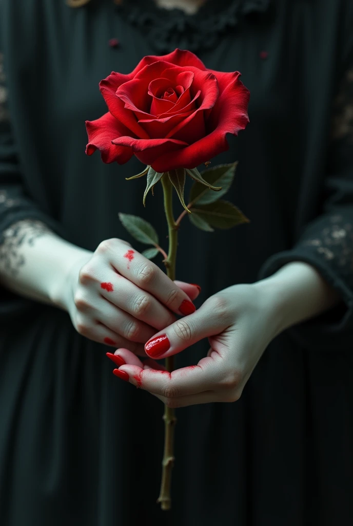 Pale and thin hands with blood holding a red rose