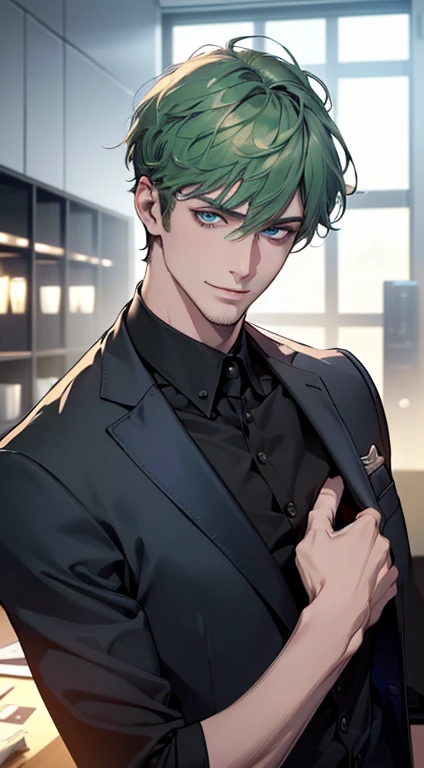 (best quality,4k,8k,highres,masterpiece:1.2),ultra-detailed,(realistic,photorealistic,photo-realistic:1.37),1 man,3, man,very handsome,without expression,smile,short green hair,blue eyes,penetrating gaze,perfect face without errors,imposing posture,businessman,office background,cinematic lighting,hdr image