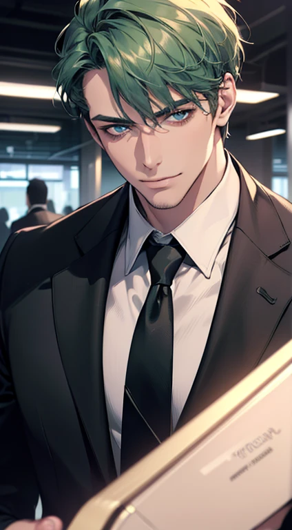 (best quality,4k,8k,highres,masterpiece:1.2),ultra-detailed,(realistic,photorealistic,photo-realistic:1.37),1 man,3, man,very handsome,without expression,smile,short green hair,blue eyes,penetrating gaze,perfect face without errors,imposing posture,businessman,office background,cinematic lighting,hdr image
