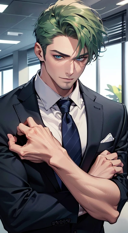(best quality,4k,8k,highres,masterpiece:1.2),ultra-detailed,(realistic,photorealistic,photo-realistic:1.37),1 man,3,mature man,very handsome,without expression,smile,short green hair,blue eyes,penetrating gaze,perfect face without errors,imposing posture,businessman,office background,cinematic lighting,hdr image