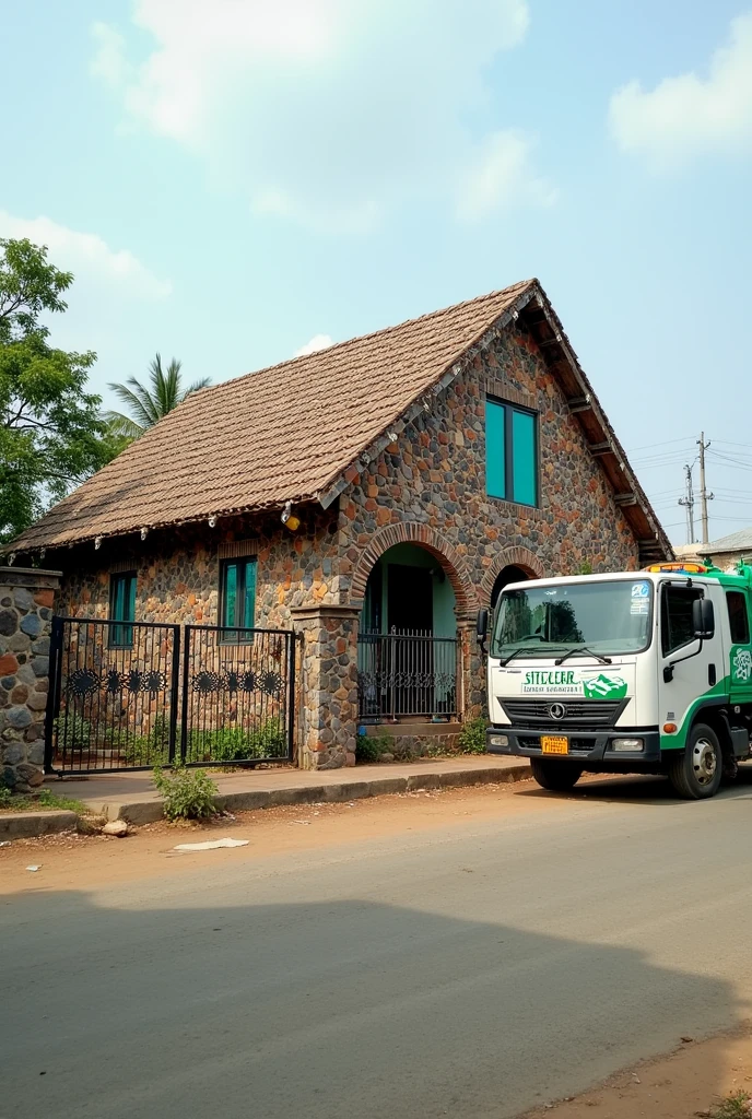 A building completed with waste material and a vehicle cleaning up the building with name site clear waste service Abuja 
Let the writing show well and this phone number 07087971851
The building should be bungalow with fence
And exterior waster material 
And show we also delivered Dustin 