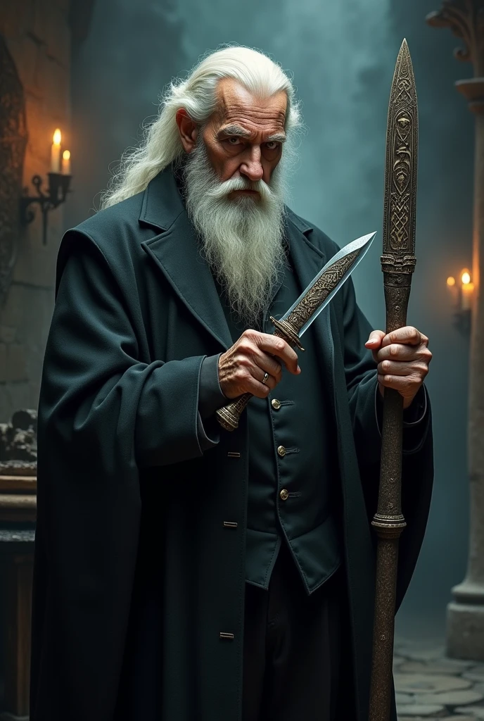 An old man in a black suit with white hair and beard who has a magic knife and staff