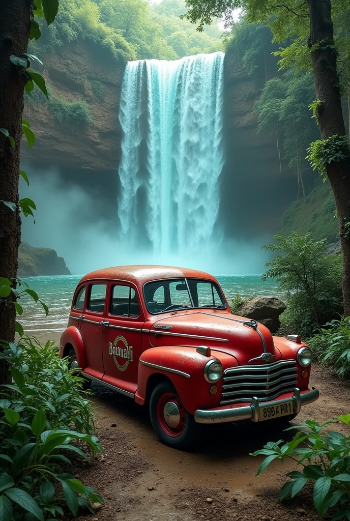 A red car at the middle of the jungle on that car photo print and beside trees are half blue half red back side of the car waterfall I want bahubali sticker on the car that car has been old look