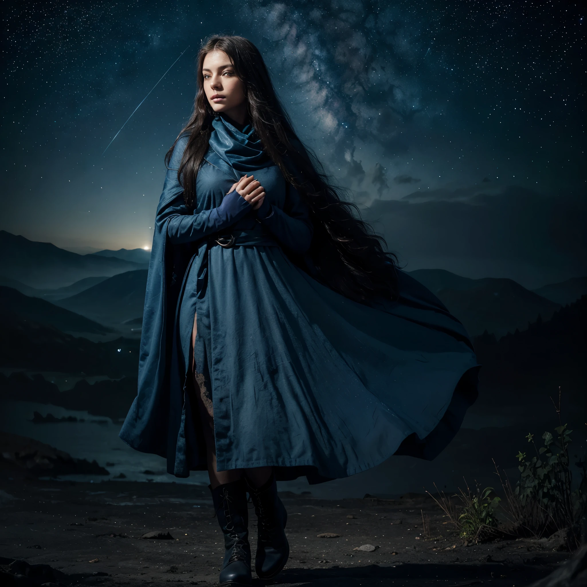 ((Super detailed)),((illustration))，((master paintings)),(((distressed))),((Beautiful and delicate eyes))，（Extremely detailed CG Unity 8K wallpapers，best quality，master paintings），（（4K，master paintings，best quality）），A woman who feels like a sister but a little mature，dark blue long hair，Long hair to waist，loose hair，shawl，emerald green eyes，（the only person），The night sky is full of stars，The left hand is slightly raised，There is a ring on the ring finger of the left hand，Dark Blue Oversized Swing Princess Long Dress，Wearing a large navy blue trench coat，There are stars hidden under the skirt，cloak，Dark blue butterflies dance around you，theater background，Star Curtain，Wearing a dark blue veil with stars，sling，on his right hand, He wears gradient blue star gloves，（full body picture），Smaller eyes，（pretty face：1.2），（thinning hair：1.2），（（Gorgeous starry sky background）），sit with the stars，The stars are soaring beneath your feet，Stepping on a black hole，dark blue boots