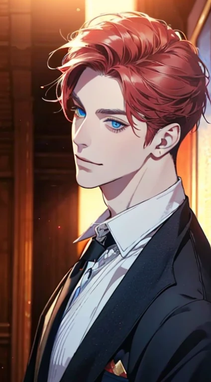 a mature man with short grey red hair, blue eyes, 31 years, and a perfect face, smiling in love, CEO, cinematic lighting, 1:4 HDR image, top view, ultra detailed, best quality, masterpiece, 8K, photorealistic, beautiful image