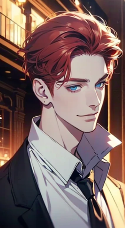 a mature man with short grey red hair, blue eyes, 31 years, and a perfect face, smiling in love, CEO, cinematic lighting, 1:4 HDR image, top view, ultra detailed, best quality, masterpiece, 8K, photorealistic, beautiful image
