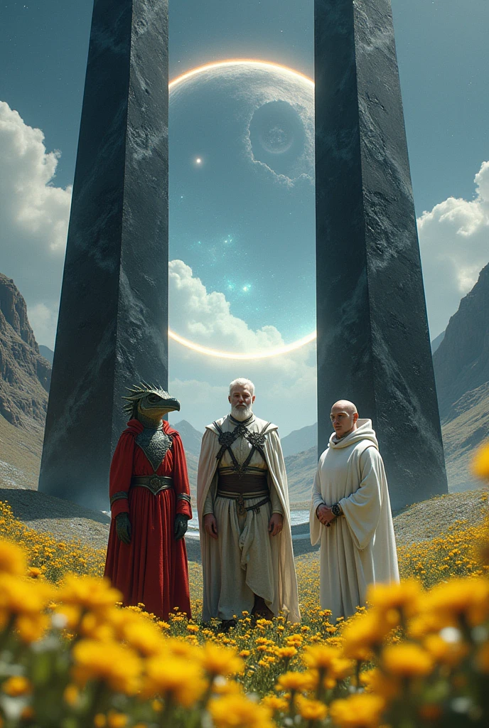 A strong, short-snouted humanoid reptilian, wearing red formal attire, a white-haired Nordic man wearing an elven robe and in the center a white-cloaked falcon bird man. They are in front of two French obelisks made of mirrored black crystal, placed in the middle of a field with yellow flowers. Between the obelisks opens a dimensional portal to the universe