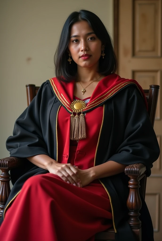 Wearing full body  Academic regalia  wealthy sri lankan  average  beautiful girl(pumpkin size breasts  and butt) sit in chair