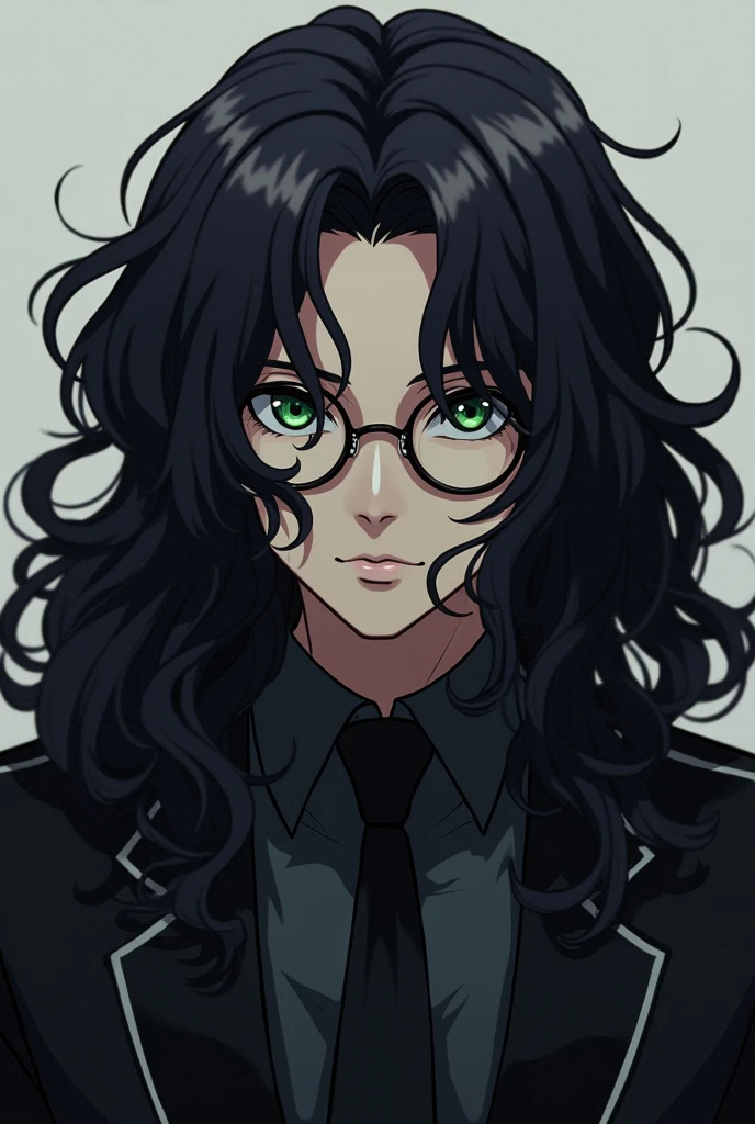 An anime character with long curly hair almost covering his face wearing round glasses and very handsome wearing the uniform of the brahman gang from Tokyo revenger 