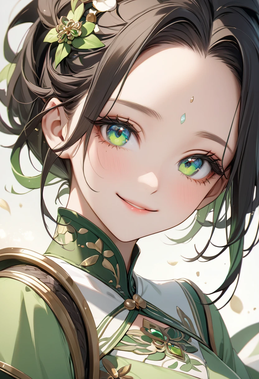 8K,high res,Skin details, Beautiful facial features, Exquisite makeup, Exquisite eyes, Eye detail,smile,forehead,dark hair,milky-green tops
