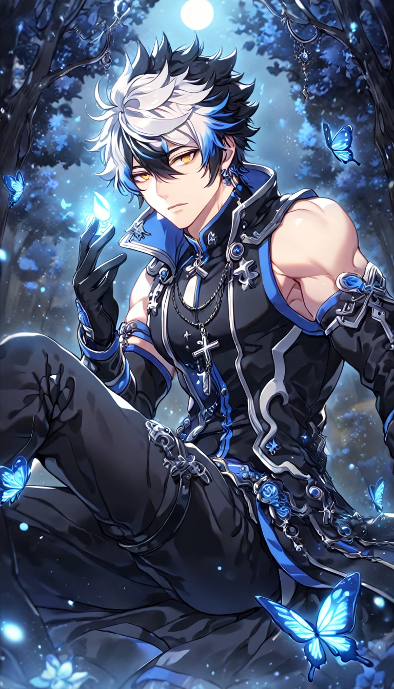 absurdres, highres, ultra detailed, HDR, master piece, best quality, extremely detailed, detailed face, detailed eyes, Raven, spiked hair, bicolor hair, right side black hair, left side white hair, expressive yellow eyes, Elsword, solo, sexy man, handsome, manly man sitting, adult face, black coat, sleeveless, detached sleeves, cross necklace, black gloves, black pants, magical, fantasy, under a blue tree, blue flames, blue moon, blue fireflies, blue roses, blue butterflies, glass magic