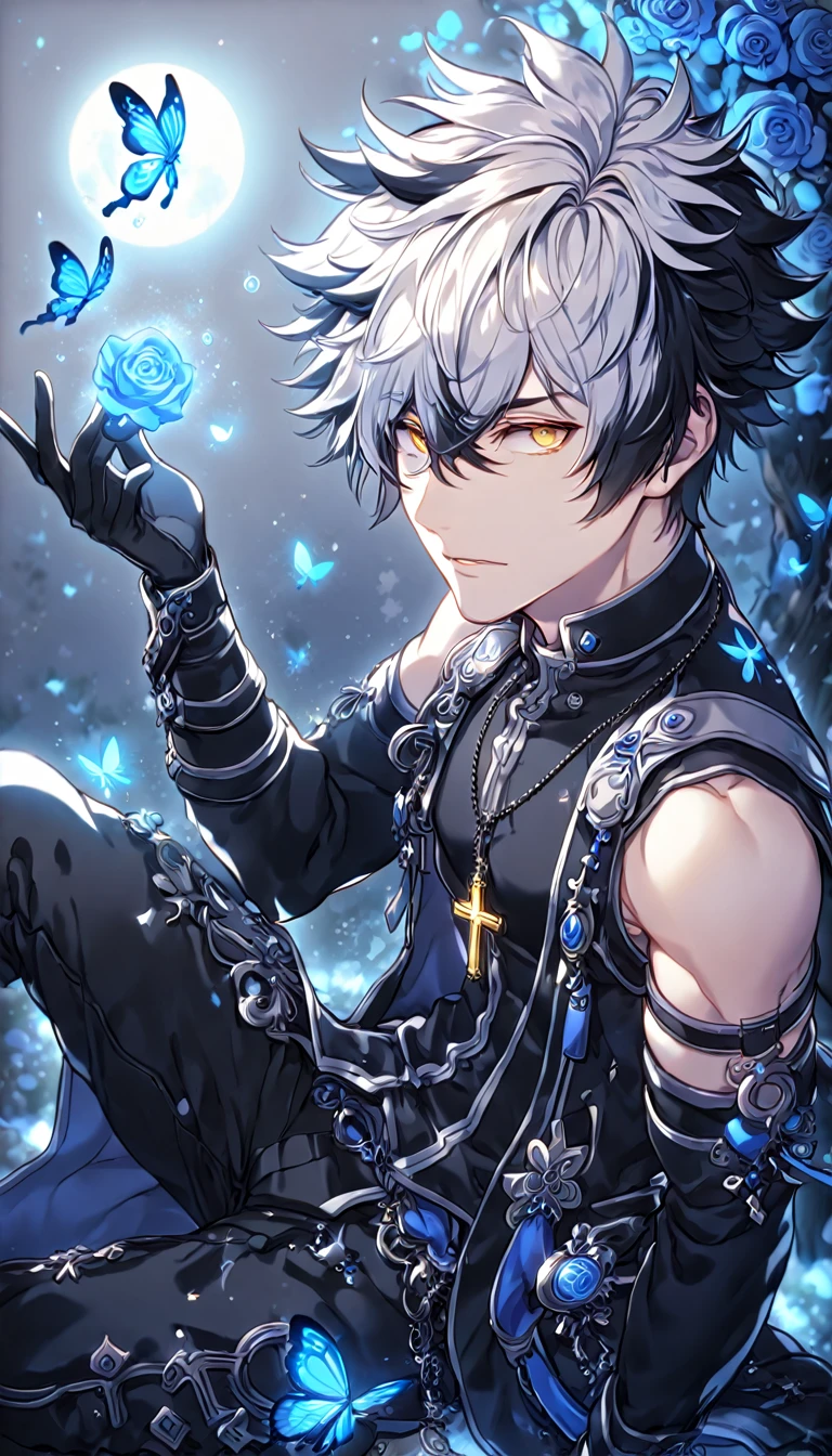 absurdres, highres, ultra detailed, HDR, master piece, best quality, extremely detailed, detailed face, detailed eyes, Raven, spiked hair, bicolor hair, right side black hair, left side white hair, expressive yellow eyes, Elsword, solo, sexy man, handsome, manly man sitting, adult face, black coat, sleeveless, detached sleeves, cross necklace, black gloves, black pants, magical, fantasy, under a blue tree, blue flames, blue moon, blue fireflies, blue roses, blue butterflies, glass magic