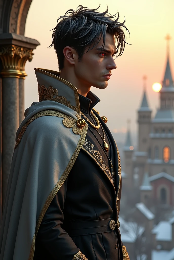 masterpiece, newest, absurdres, safe, ((masterpiece)), absurdres, (top quality), detailed eyes, ((complex background)), 1man, ((young man, 20 years old)), attractive, perfect white skin, handsome, light skin, smooth skin, a beautiful face, a god, thick neck, ([( very bright red eyes), bright demon eyes]), ((black with silver tips hair, cool hair, short hair)), ( unruly hair), (straight hair), dressed in a noble full black suit with gray trim, ((silver cape over one shoulder, The cape has gold embroidery,)),straight posture, ((wears a lot of gold jewelry)), ((suit, rough and imposing suit)), (([athletic, spantan body, slender])), ( It is in a royal box with a view of the winter medieval city, and he looking at the city)), (serious expression, looking at viewer), (bokeh, light particles), ((close up)), midjourney, clothes worthy of nobility, (((full body))), glowing eyes, fantasy, ((hands in pockets)), glowing eyes, ((realism)), (face similar to actor ben barnes), mystical aura. looking at the horizon through a window, in profile, body focused from
