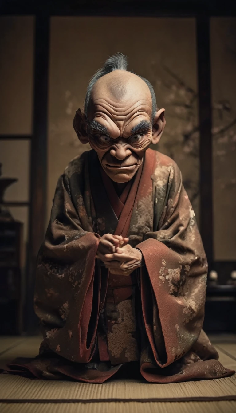 Inside the Japanese-style room、A thin old man wearing a kimono、Big headed monster、Shallow depth of field, Vignette, Very detailed, High budget, Bokeh, CinemaScope, Sulky, amazing, nice, Film Grain, granular . Creepy, Anxious, dark, Creepyな, Suspenseful, strict, Very detailed