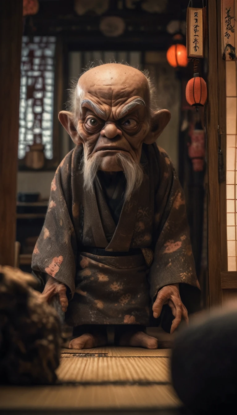 Inside the Japanese-style room、A thin old man wearing a kimono、Big headed monster、Shallow depth of field, Vignette, Very detailed, High budget, Bokeh, CinemaScope, Sulky, amazing, nice, Film Grain, granular . Creepy, Anxious, dark, Creepyな, Suspenseful, strict, Very detailed