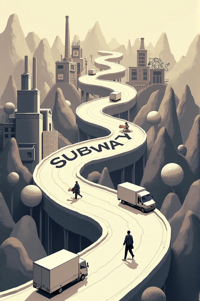 Make a non-realistic drawing , of a supply chain where the process road is named SUBWAY. And that it has all the supplier processes like a factory at the beginning of the road, then put some trucks traveling along that road until they reach the warehouse, then the same process of the truck leaving and going to the store and then delivering the product already made to the customer.. PLEASE this road has to be in the shape of the word SUBWAY.