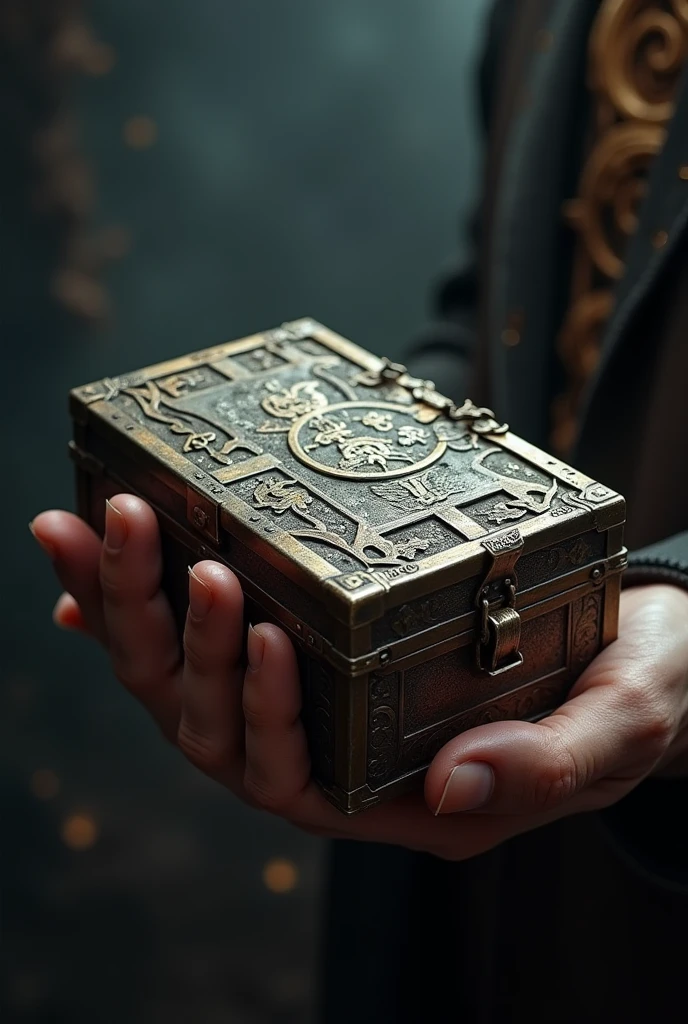 A mysterious metal box with carvings on the outside. An inscription in a strange language on the forehead. open lid. Held by a man&#39;s hand.  On Twitter a collection of typical panty bows, lingerie 