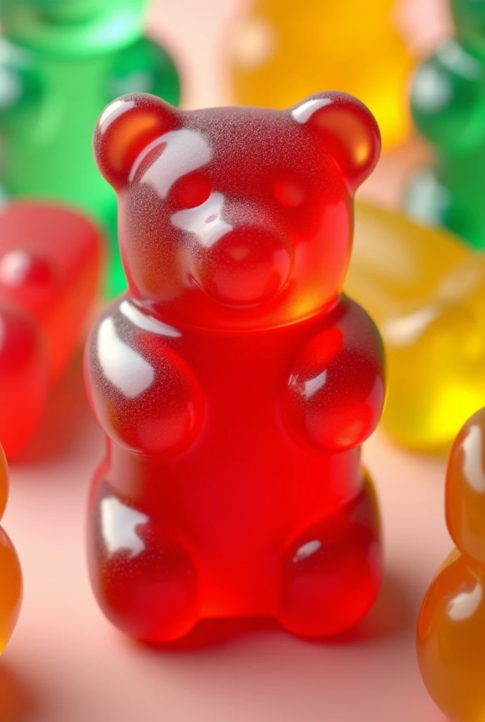 Realistic sweet gummy bear without face with background of more gummy bears

