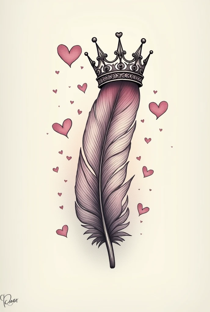 A tattoo that is a feather with a crown and hearts and mateo